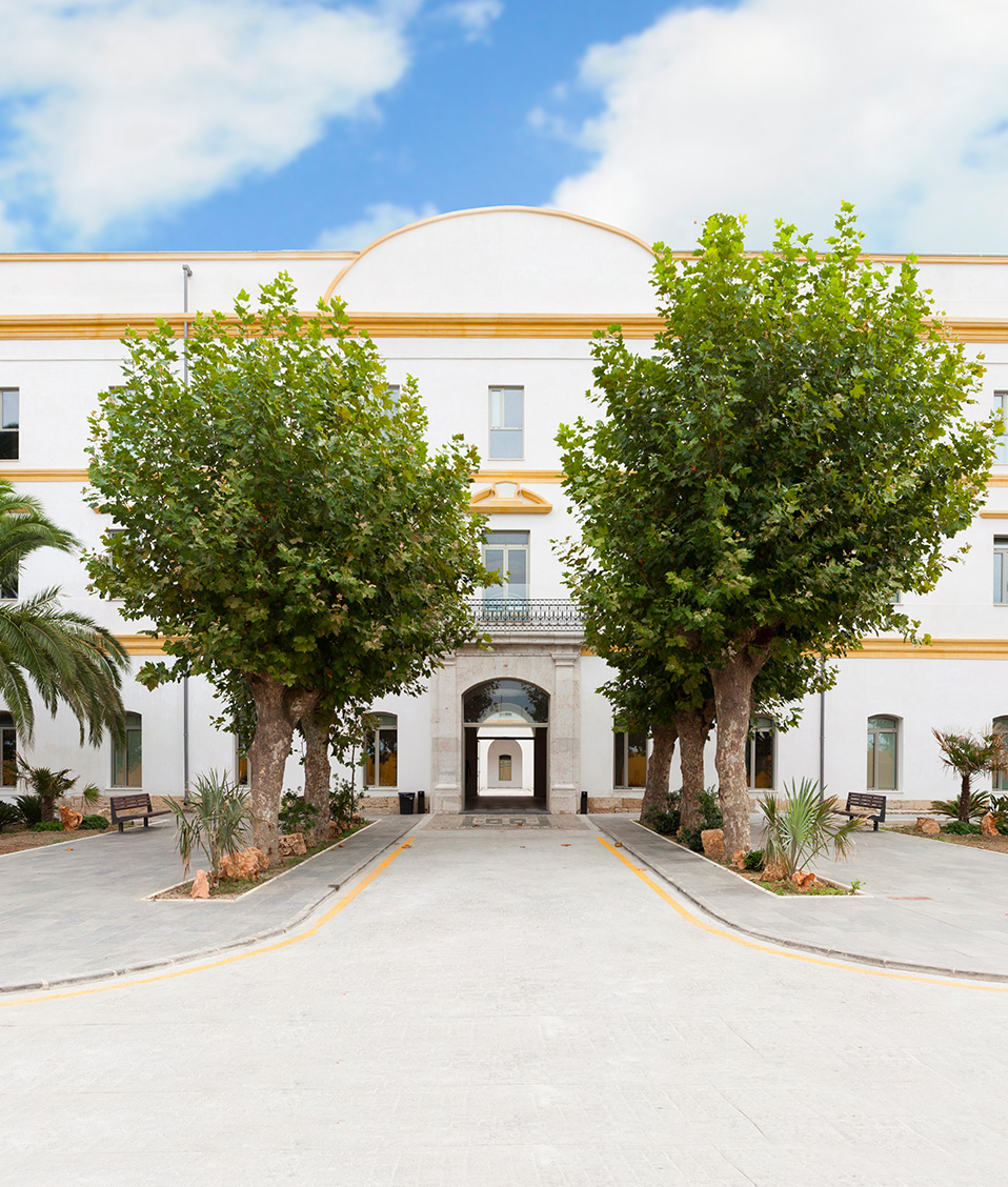 Entrada al edificio de la Facultad de Educación, Economía y Humanidades de Ceuta, con árboles a cada lado de la puerta
